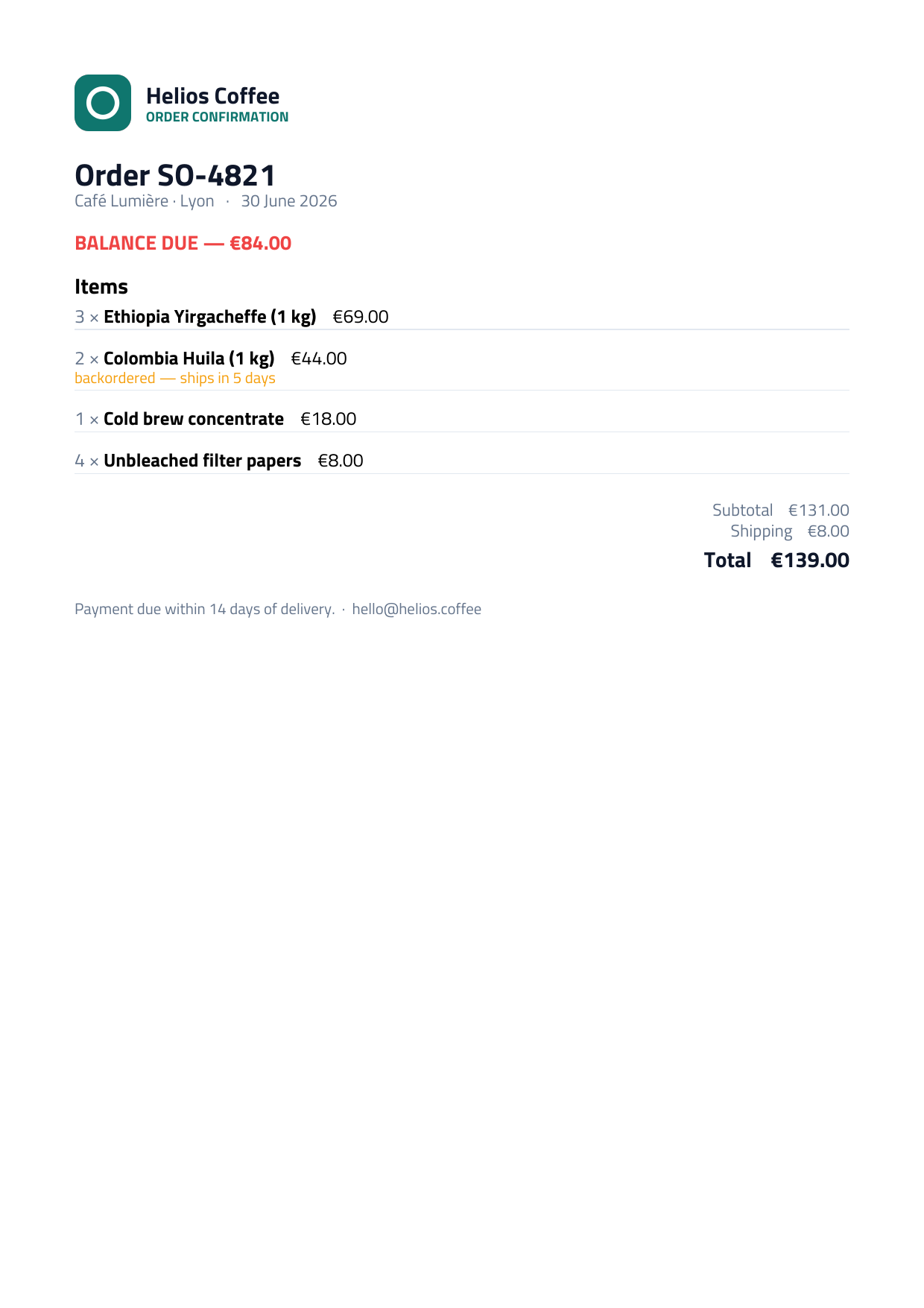 Order-confirmation PDF generated from data: a balance-due banner, line items repeated from an array, a backorder note on the out-of-stock item, and a totals block