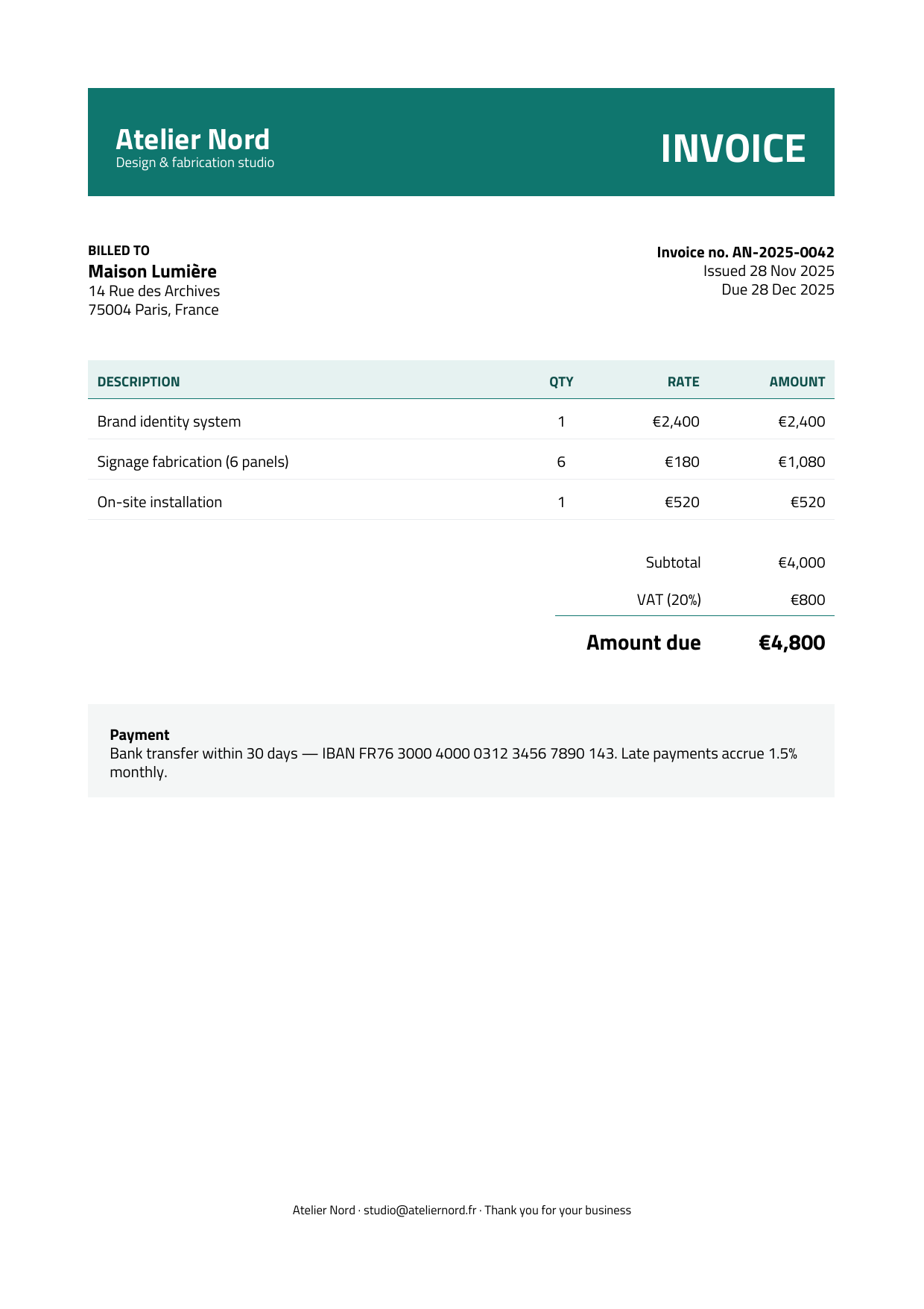Modern teal invoice