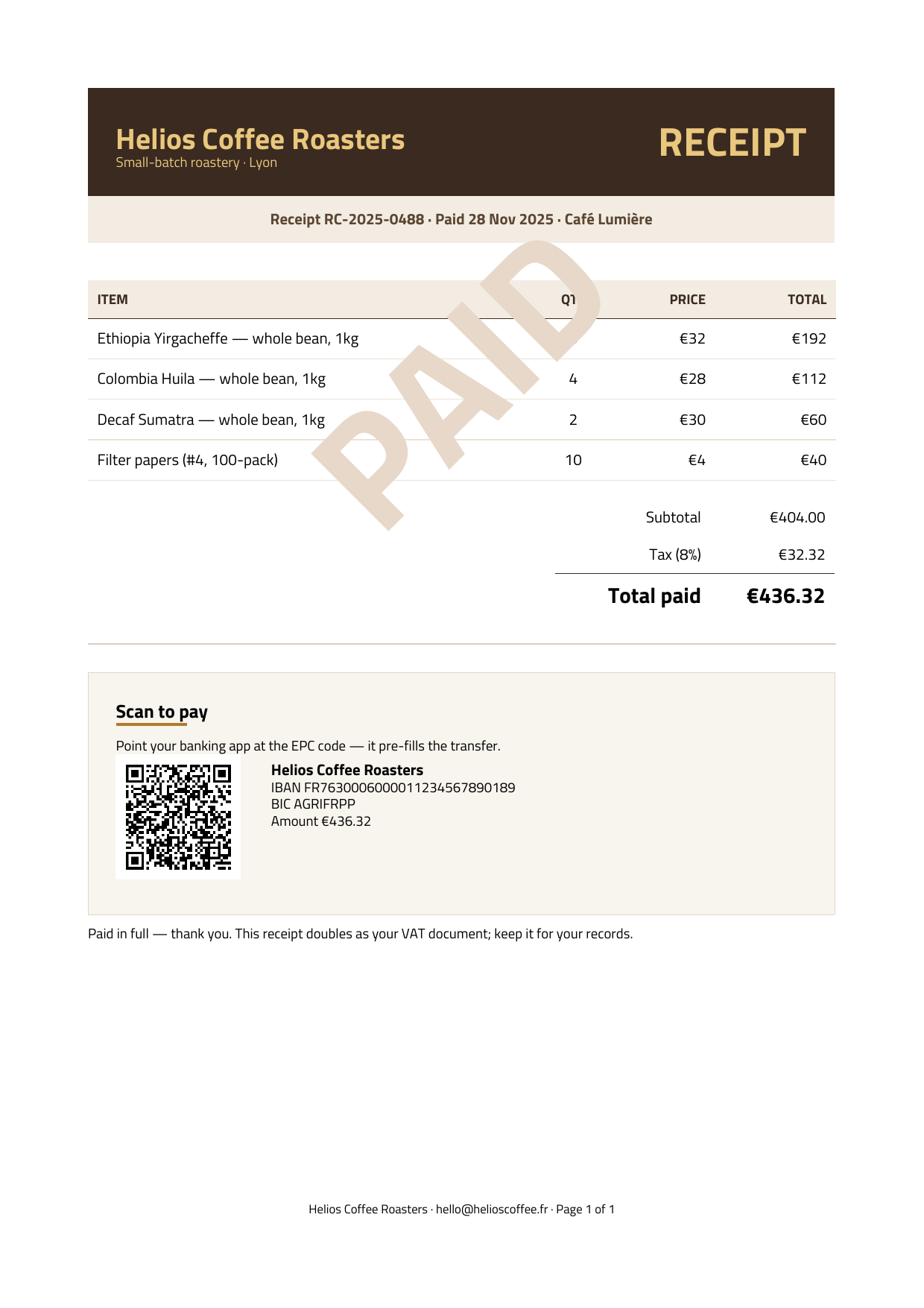 Paid receipt with a scan-to-pay QR code and PAID watermark